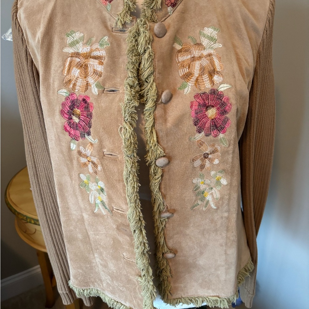 Embroidered suede and sweater jacket